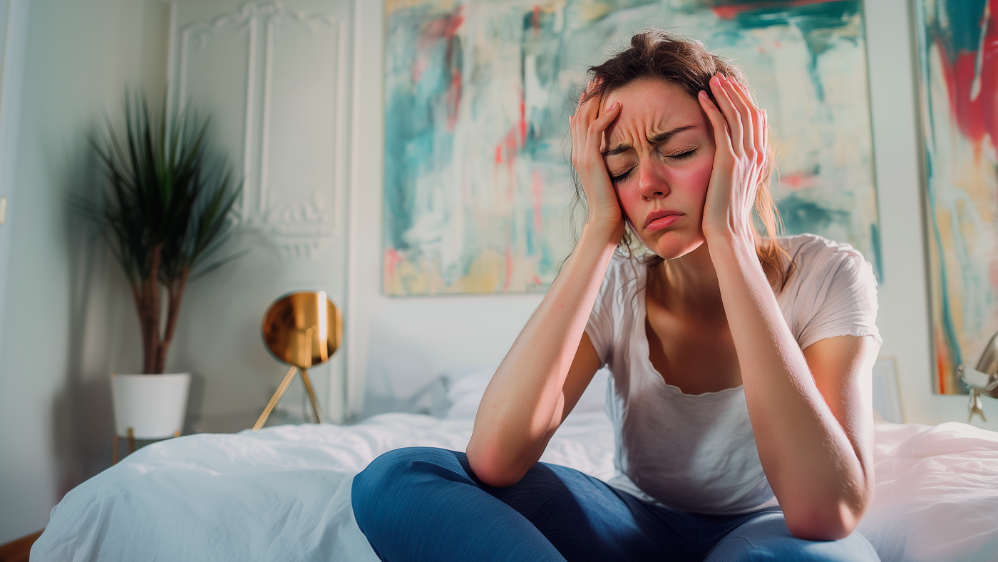 piloto82_A_stressed_30_year_old_woman_white_red_pastel_and_gree_ba27bb6a-eda5-4a06-83d5-3ef925aa1321