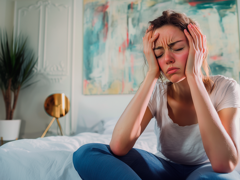 piloto82_A_stressed_30_year_old_woman_white_red_pastel_and_gree_ba27bb6a-eda5-4a06-83d5-3ef925aa1321